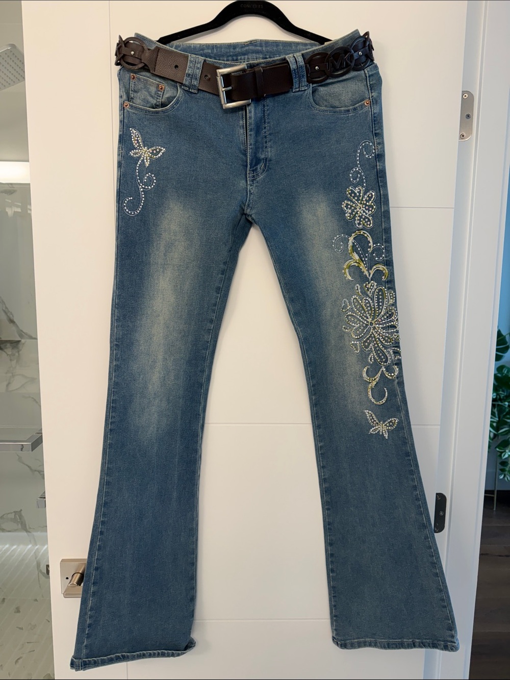 ROMWE Blue Embellished Flared Jeans with Rhinestone Floral Accents